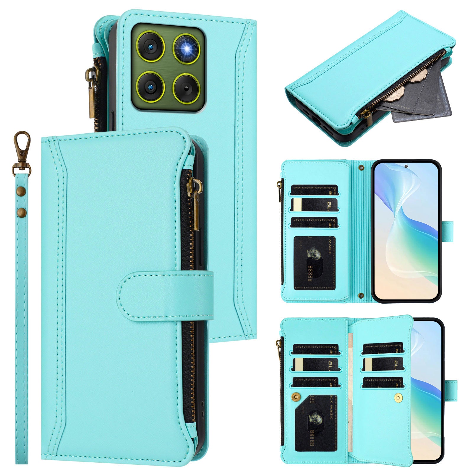 For Motorola Edge 70 5G Leather Case 9 Card Slots Zipper Wallet Stand Phone Cover with Wrist Strap - Mint Green