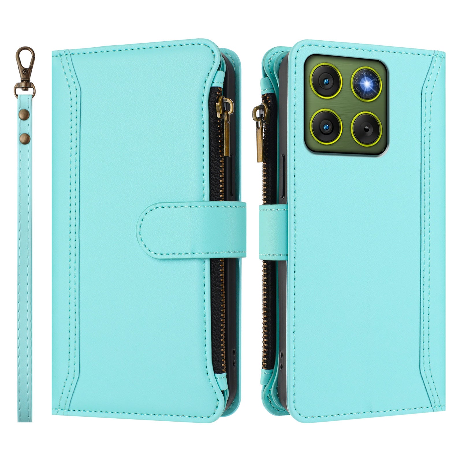 For Motorola Edge 70 5G Leather Case 9 Card Slots Zipper Wallet Stand Phone Cover with Wrist Strap - Mint Green