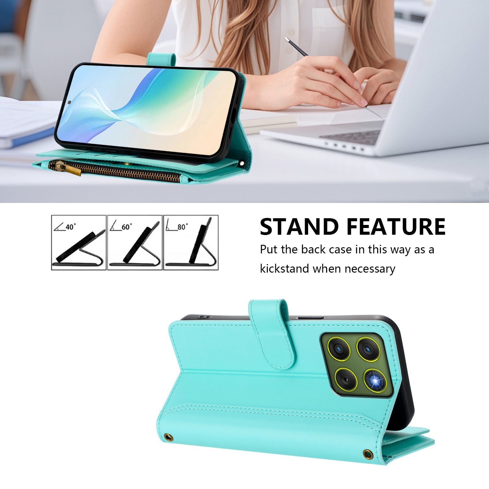 For Motorola Edge 70 5G Leather Case 9 Card Slots Zipper Wallet Stand Phone Cover with Wrist Strap - Mint Green