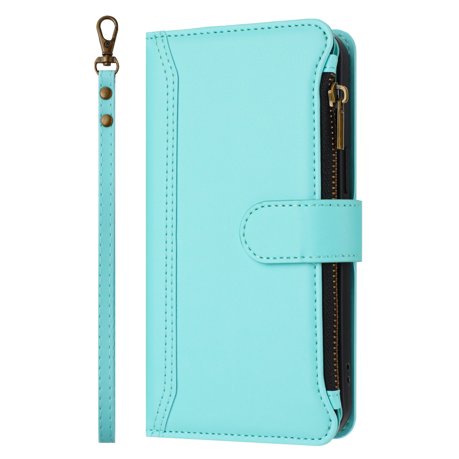For Motorola Edge 70 5G Leather Case 9 Card Slots Zipper Wallet Stand Phone Cover with Wrist Strap - Mint Green