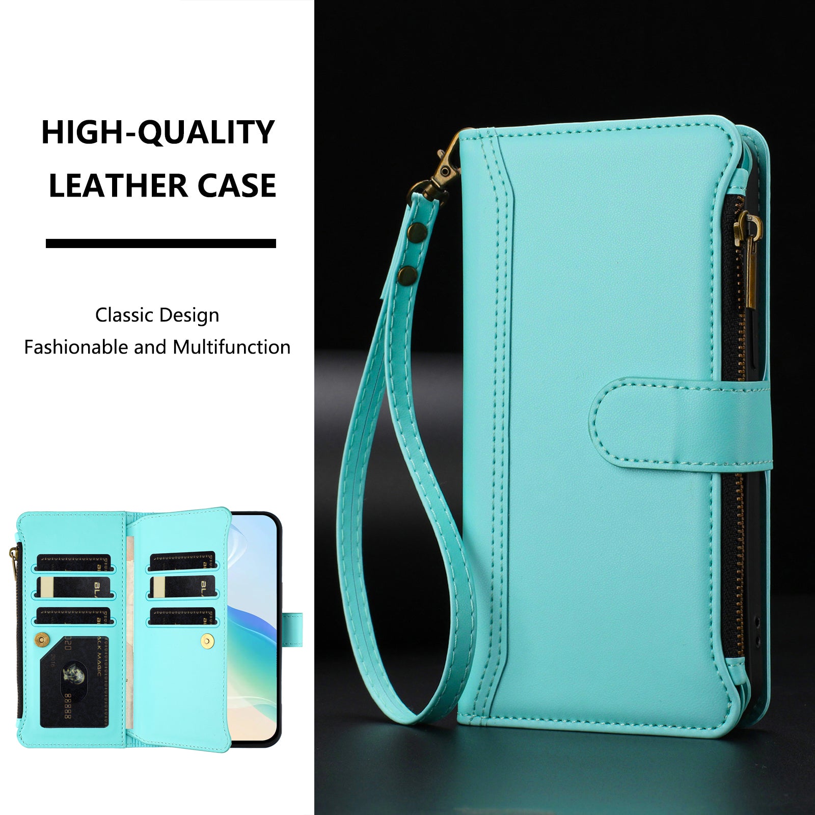For Motorola Edge 70 5G Leather Case 9 Card Slots Zipper Wallet Stand Phone Cover with Wrist Strap - Mint Green