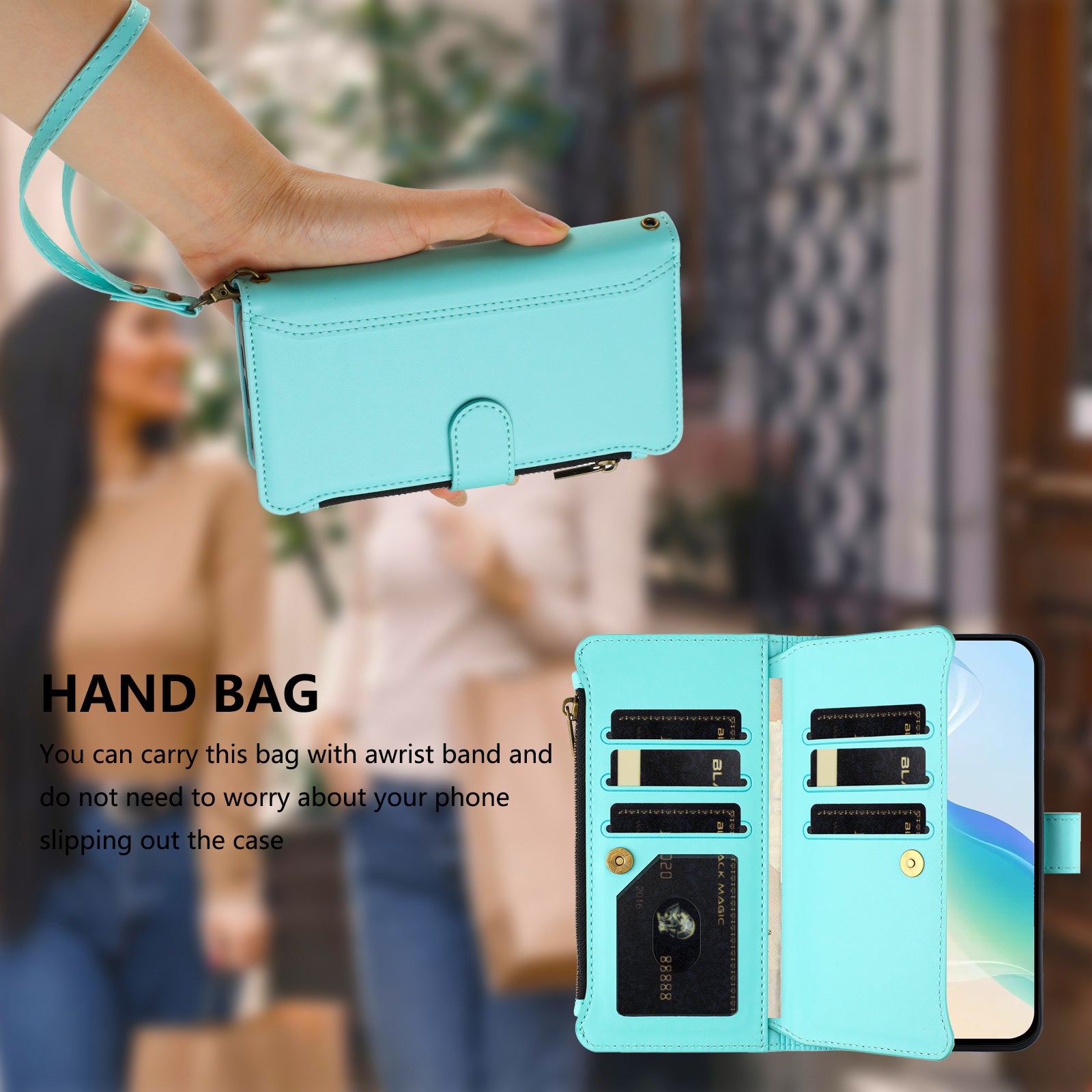 For Motorola Edge 70 5G Leather Case 9 Card Slots Zipper Wallet Stand Phone Cover with Wrist Strap - Mint Green
