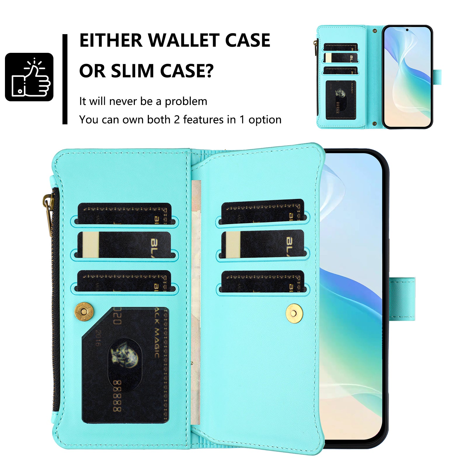 For Motorola Edge 70 5G Leather Case 9 Card Slots Zipper Wallet Stand Phone Cover with Wrist Strap - Mint Green