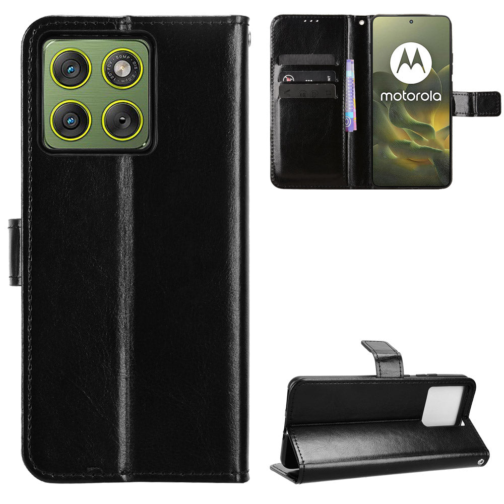 For Motorola Edge 70 5G PU Leather Case with Strap Crazy Horse Texture Phone Wallet Cover - Black
