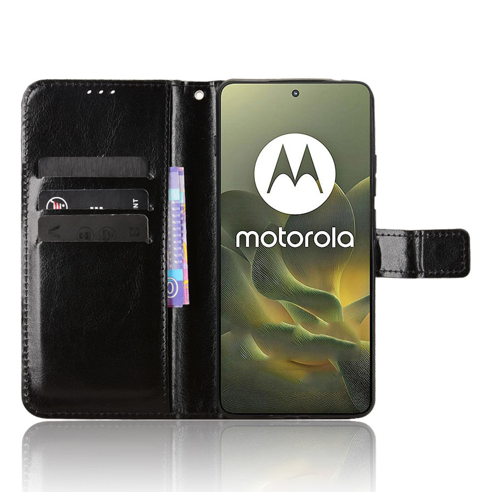 For Motorola Edge 70 5G PU Leather Case with Strap Crazy Horse Texture Phone Wallet Cover - Black