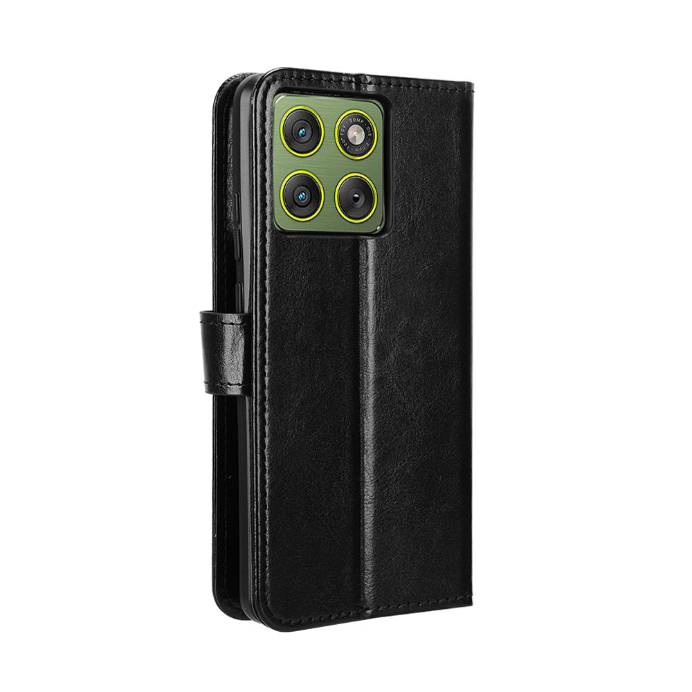 For Motorola Edge 70 5G PU Leather Case with Strap Crazy Horse Texture Phone Wallet Cover - Black