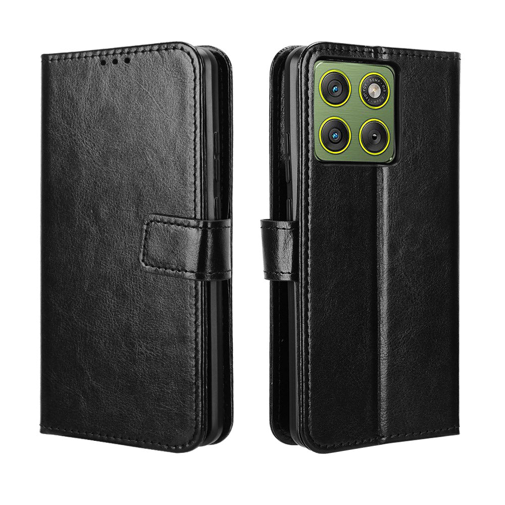 For Motorola Edge 70 5G PU Leather Case with Strap Crazy Horse Texture Phone Wallet Cover - Black