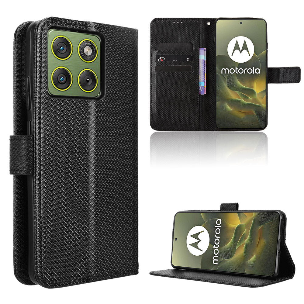 For Motorola Edge 70 5G Leather Wallet Case with Strap Diamond Texture Phone Cover - Black