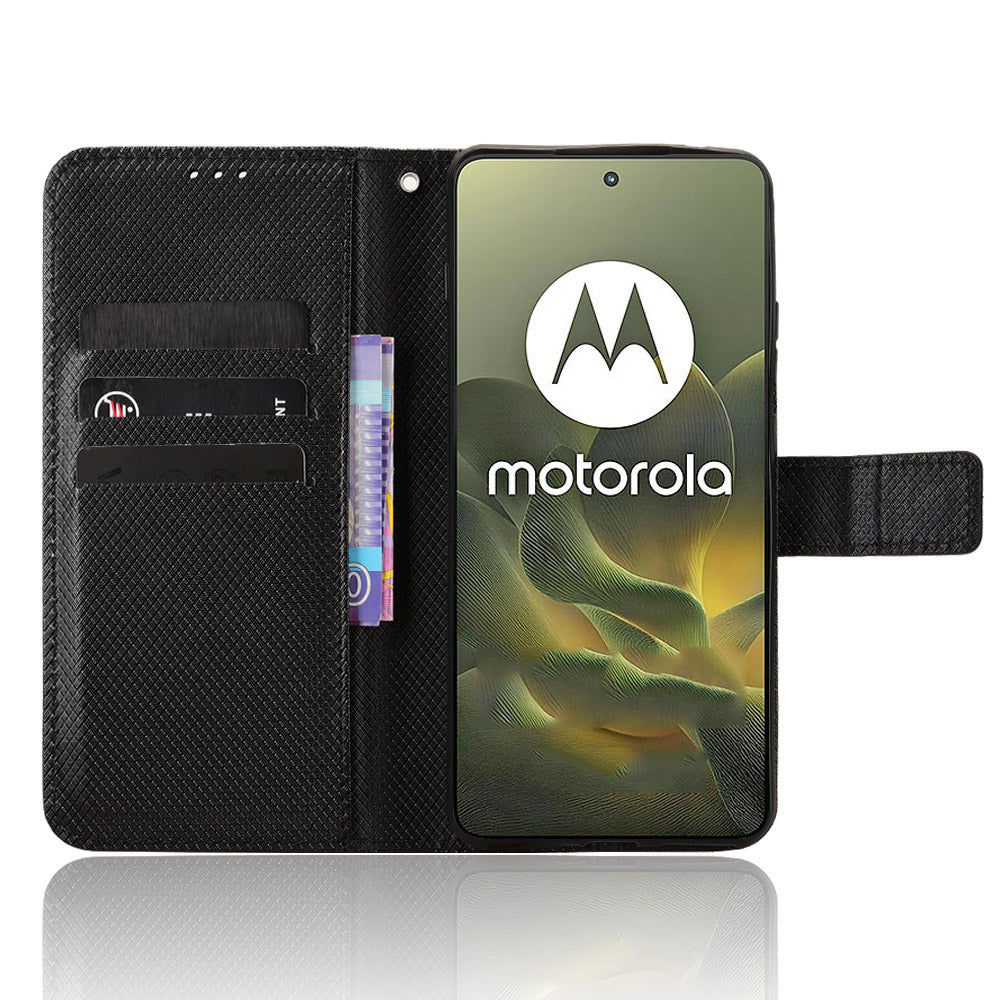 For Motorola Edge 70 5G Leather Wallet Case with Strap Diamond Texture Phone Cover - Black