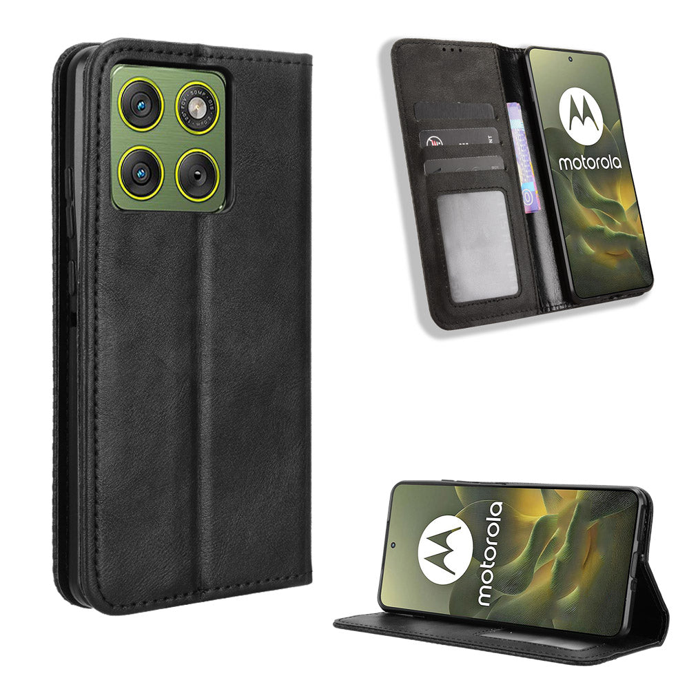 For Motorola Edge 70 5G Leather Case Wallet Stand Retro Texture Phone Cover - Black
