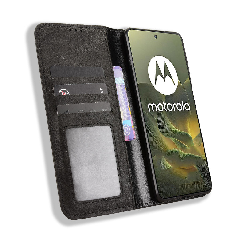 For Motorola Edge 70 5G Leather Case Wallet Stand Retro Texture Phone Cover - Black