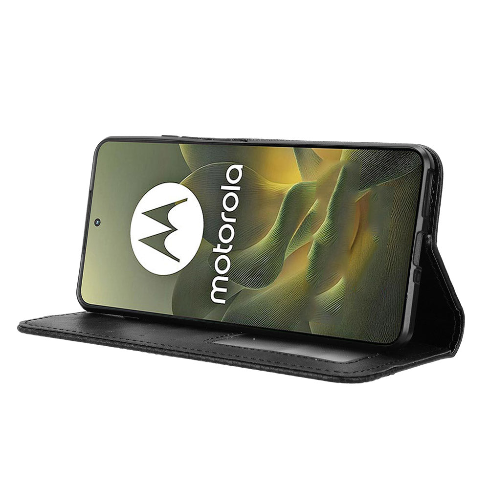 For Motorola Edge 70 5G Leather Case Wallet Stand Retro Texture Phone Cover - Black