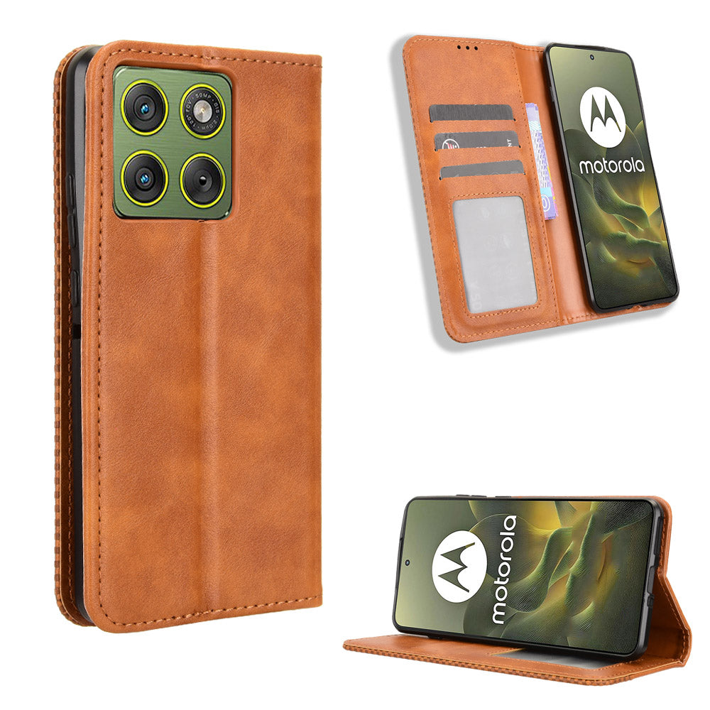 For Motorola Edge 70 5G Leather Case Wallet Stand Retro Texture Phone Cover - Brown