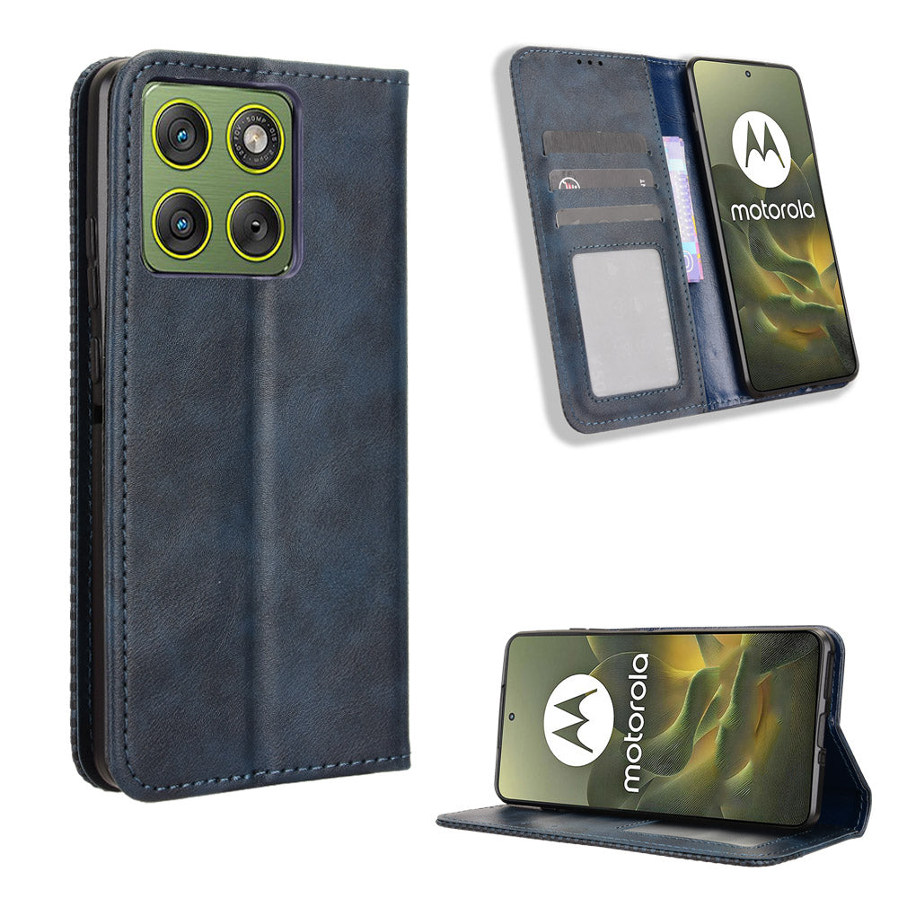 For Motorola Edge 70 5G Leather Case Wallet Stand Retro Texture Phone Cover - Blue