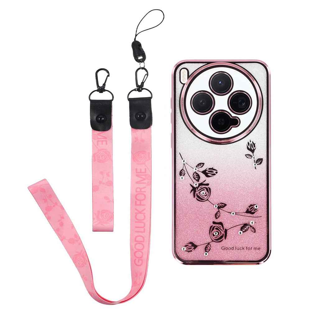 KADEM For vivo X300 5G Case Flower Pattern TPU Gradient Phone Cover with Lanyards - Rose Gold