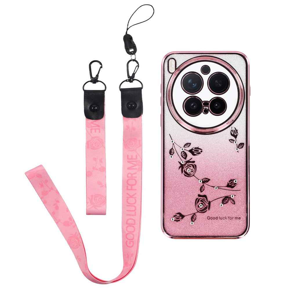 KADEM For vivo X300 Pro 5G Case Flower Pattern TPU Gradient Phone Cover with Lanyards - Rose Gold