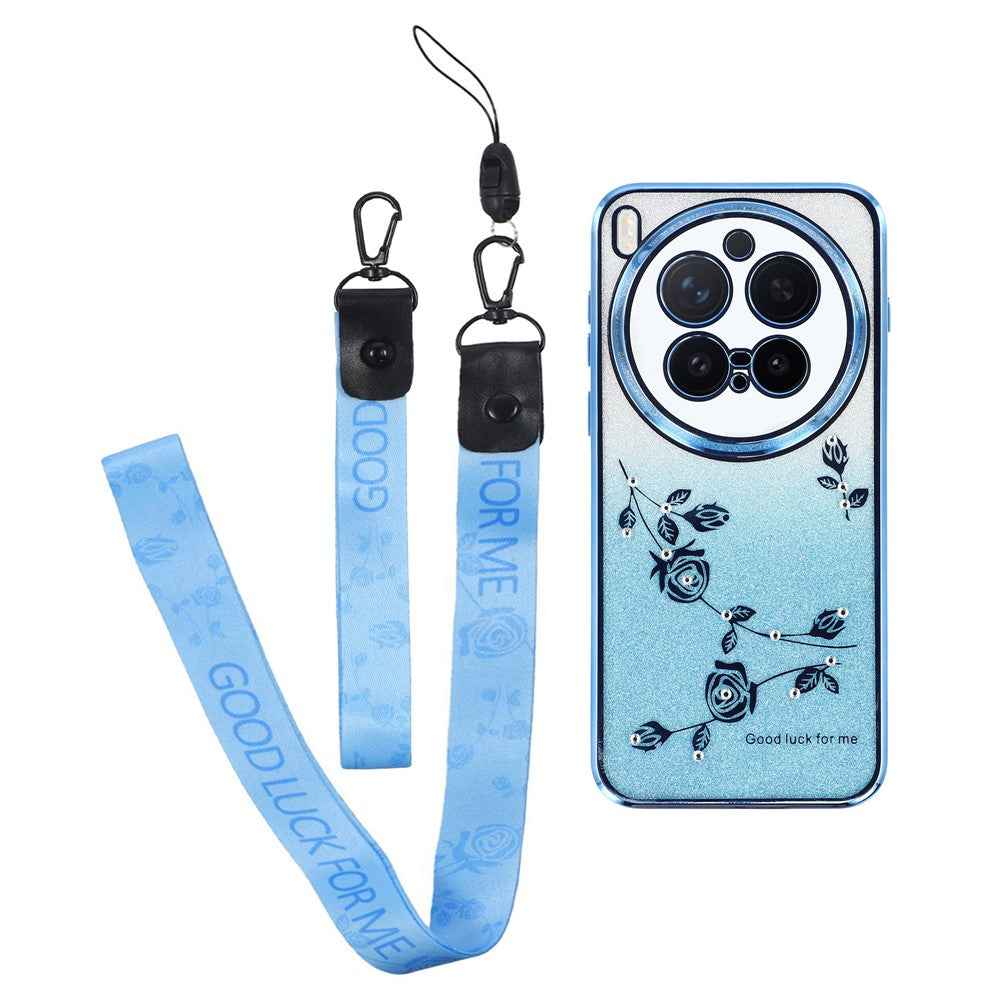 KADEM For vivo X300 Pro 5G Case Flower Pattern TPU Gradient Phone Cover with Lanyards - Blue
