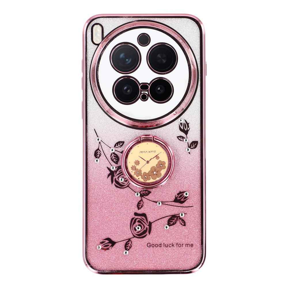 KADEM For vivo X300 Pro 5G Case Ring Kickstand TPU Flowers Phone Cover Gradient Glitter - Rose Gold