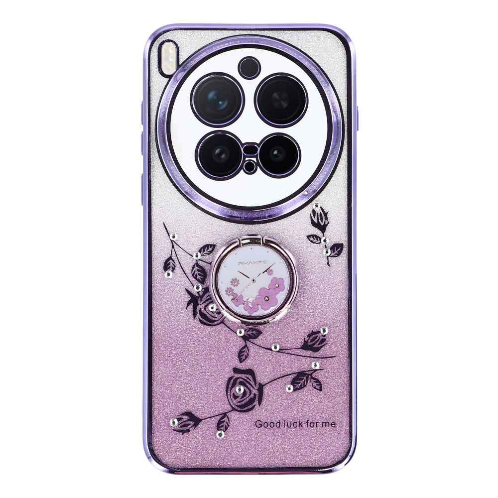KADEM For vivo X300 Pro 5G Case Ring Kickstand TPU Flowers Phone Cover Gradient Glitter - Purple