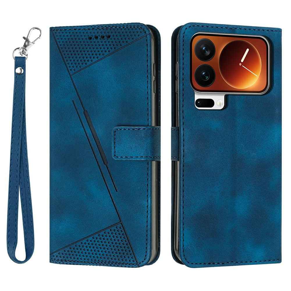 For Xiaomi 17 Pro Leather Case Imprinted Triangle Phone Cover with Hand Strap - Blue