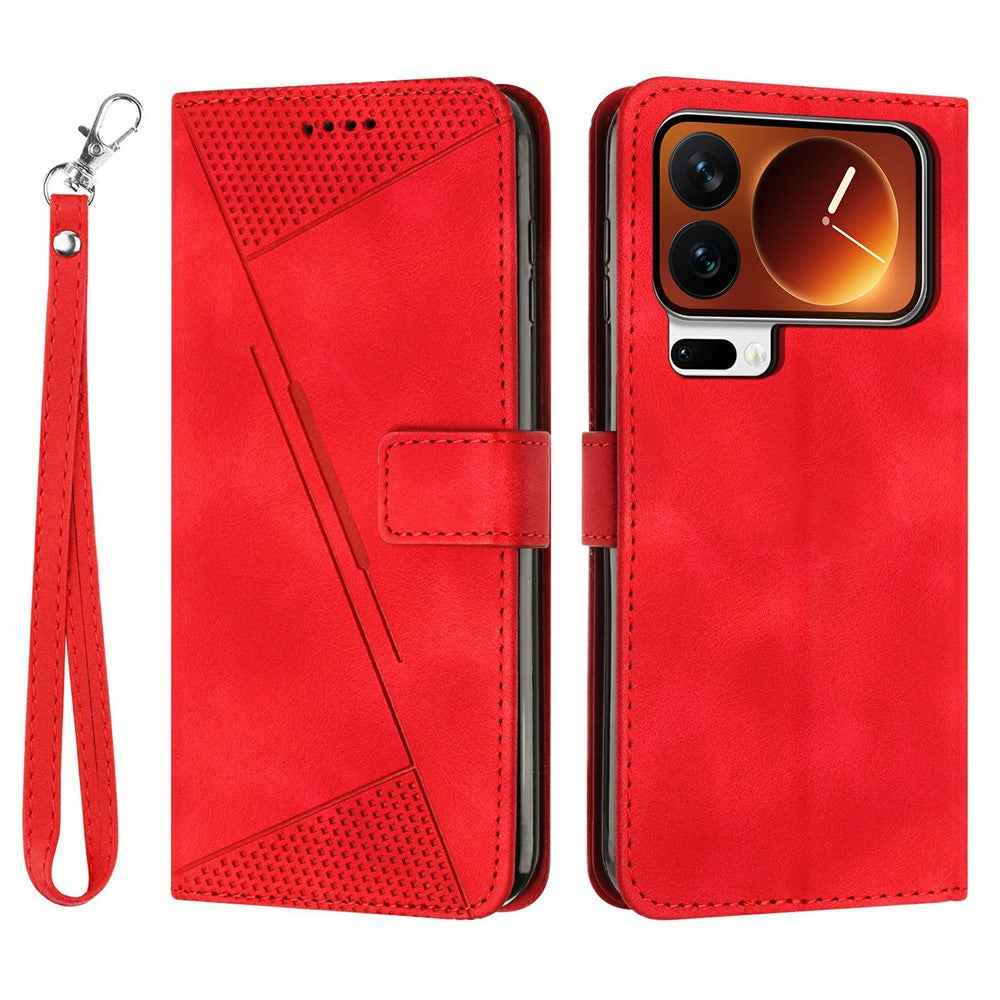 For Xiaomi 17 Pro Leather Case Imprinted Triangle Phone Cover with Hand Strap - Red