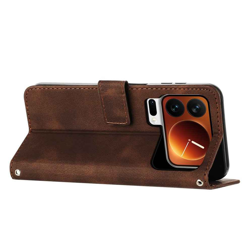For Xiaomi 17 Pro Leather Case Imprinted Triangle Phone Cover with Hand Strap - Brown