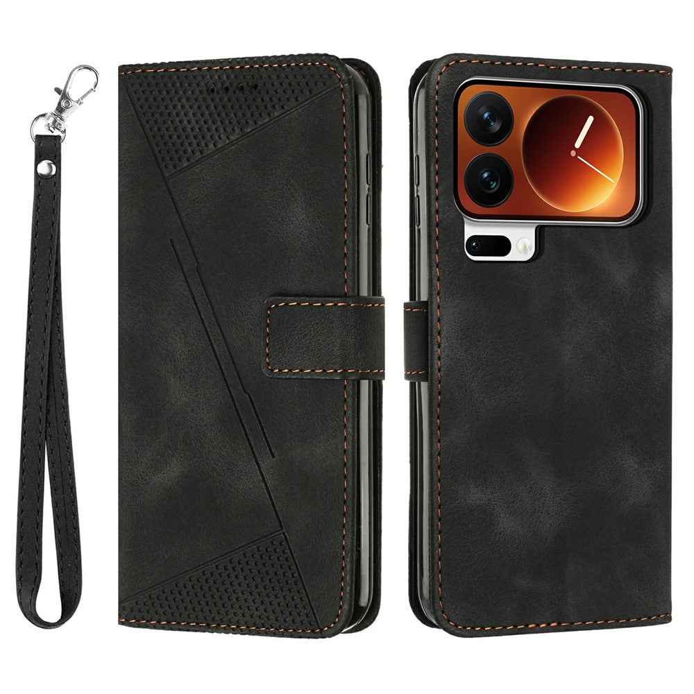 For Xiaomi 17 Pro Leather Case Imprinted Triangle Phone Cover with Hand Strap - Black