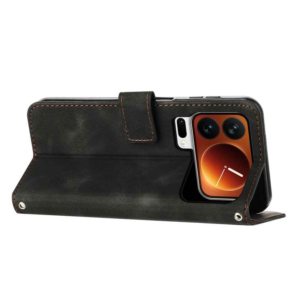 For Xiaomi 17 Pro Leather Case Imprinted Triangle Phone Cover with Hand Strap - Black