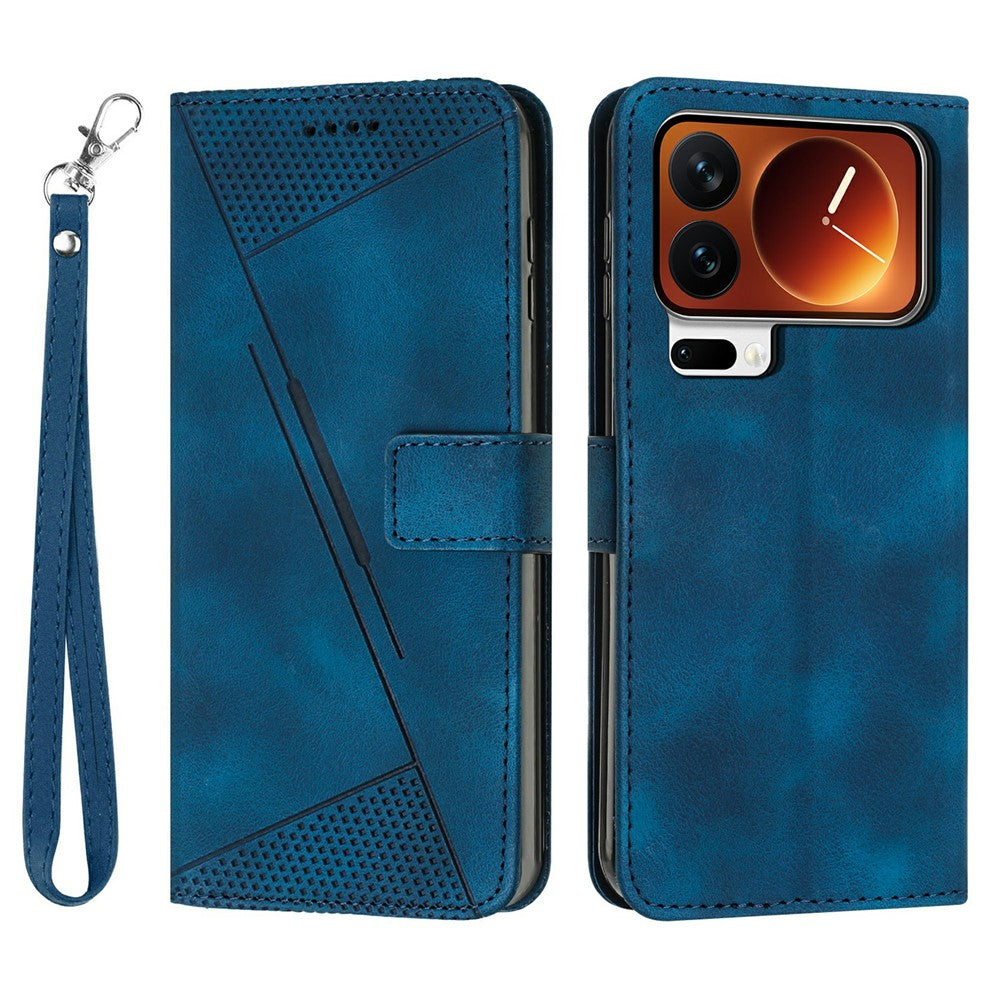 For Xiaomi 17 Pro Max Leather Case Imprinted Triangle Phone Cover with Hand Strap - Blue