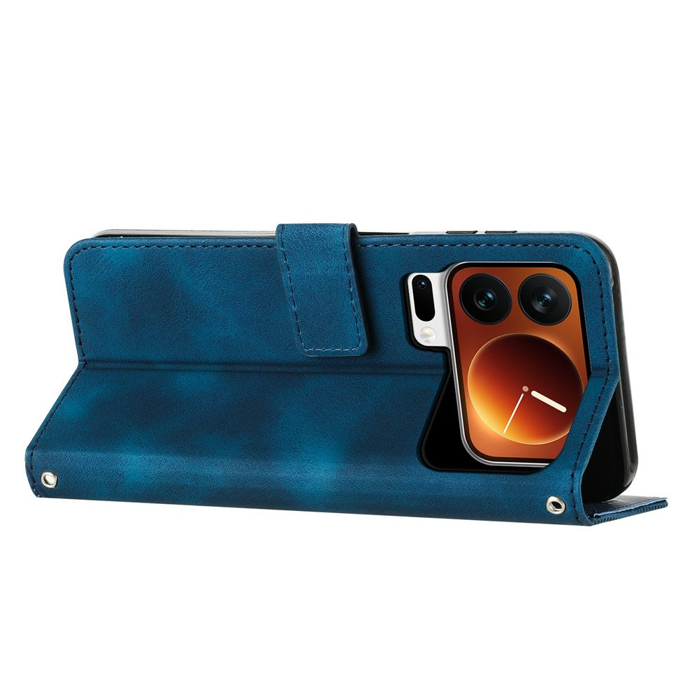 For Xiaomi 17 Pro Max Leather Case Imprinted Triangle Phone Cover with Hand Strap - Blue