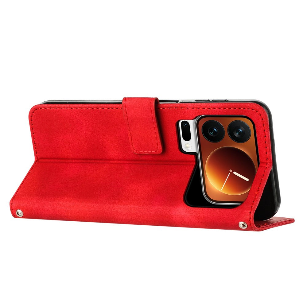 For Xiaomi 17 Pro Max Leather Case Imprinted Triangle Phone Cover with Hand Strap - Red
