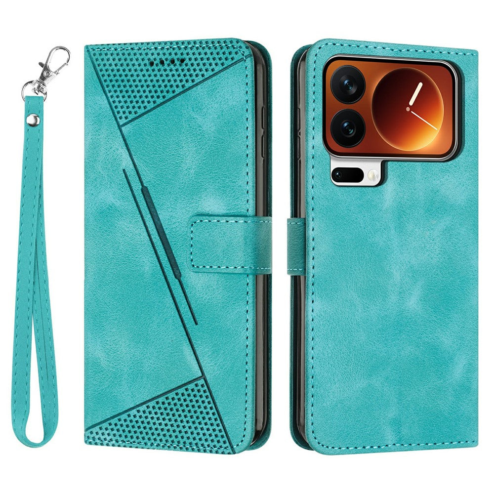 For Xiaomi 17 Pro Max Leather Case Imprinted Triangle Phone Cover with Hand Strap - Green