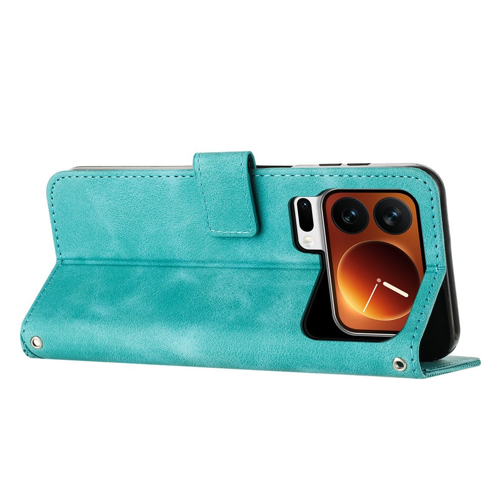 For Xiaomi 17 Pro Max Leather Case Imprinted Triangle Phone Cover with Hand Strap - Green