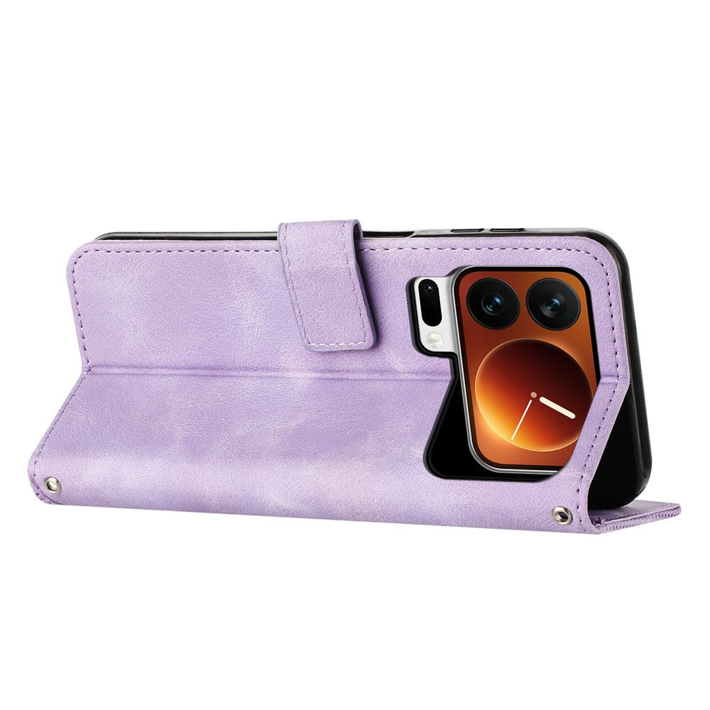 For Xiaomi 17 Pro Max Leather Case Imprinted Triangle Phone Cover with Hand Strap - Purple