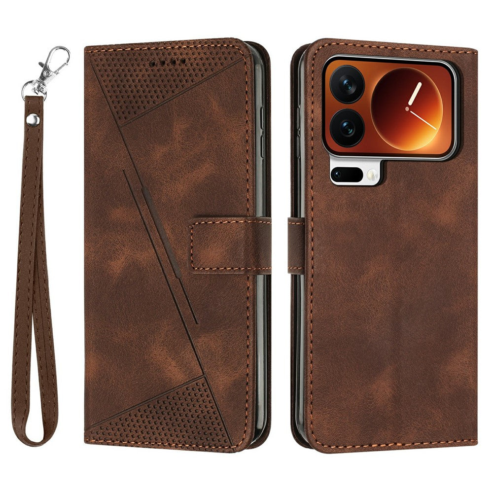 For Xiaomi 17 Pro Max Leather Case Imprinted Triangle Phone Cover with Hand Strap - Brown