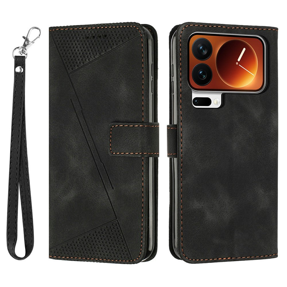 For Xiaomi 17 Pro Max Leather Case Imprinted Triangle Phone Cover with Hand Strap - Black