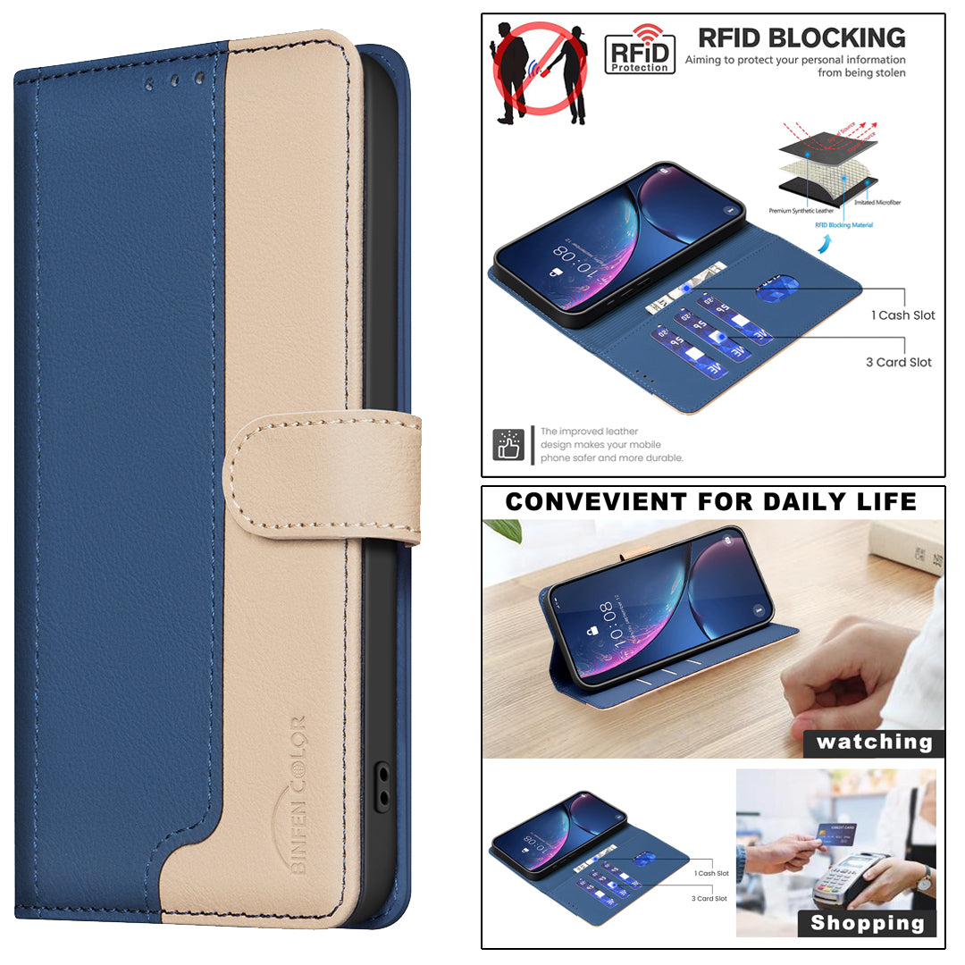 For Xiaomi Redmi Note 15 Pro 5G (Global) Leather Case BINFEN COLOR Splicing Color RFID Blocking Wallet Stand Phone Cover - Blue