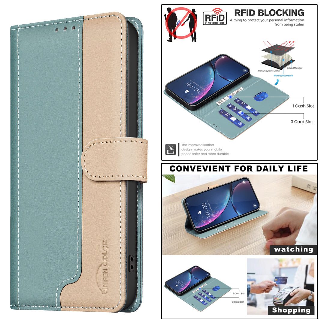 For Xiaomi Poco M8 Pro 5G / Redmi Note 15 Pro+ 5G (Global) Leather Case BINFEN COLOR Splicing Color RFID Blocking Wallet Stand Phone Cover - Green
