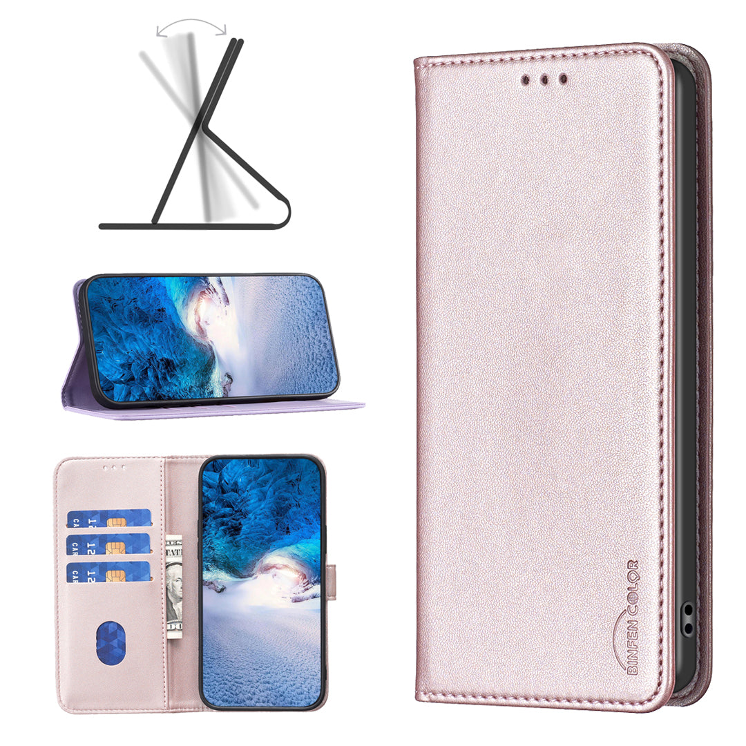 For Xiaomi Poco M8 Pro 5G / Redmi Note 15 Pro+ 5G (Global) Leather Case BINFEN COLOR BF18 Phone Stand Cover with Card Slots - Rose Gold