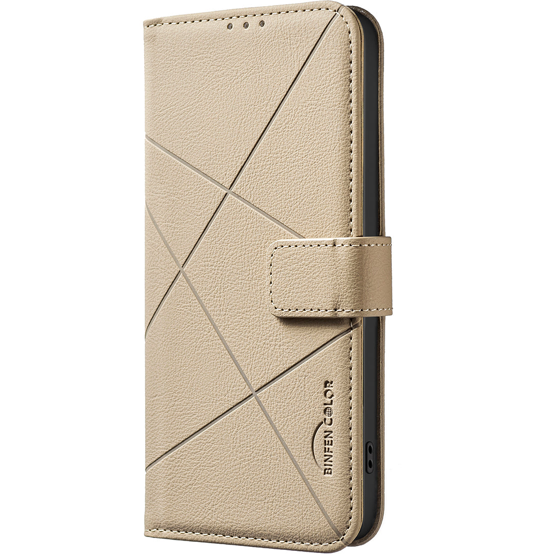 For Xiaomi Redmi Note 15 Pro 5G (Global) Case BINFEN COLOR BF35 Geometry Imprinted Leather Phone Cover RFID Blocking Wallet Stand - Beige