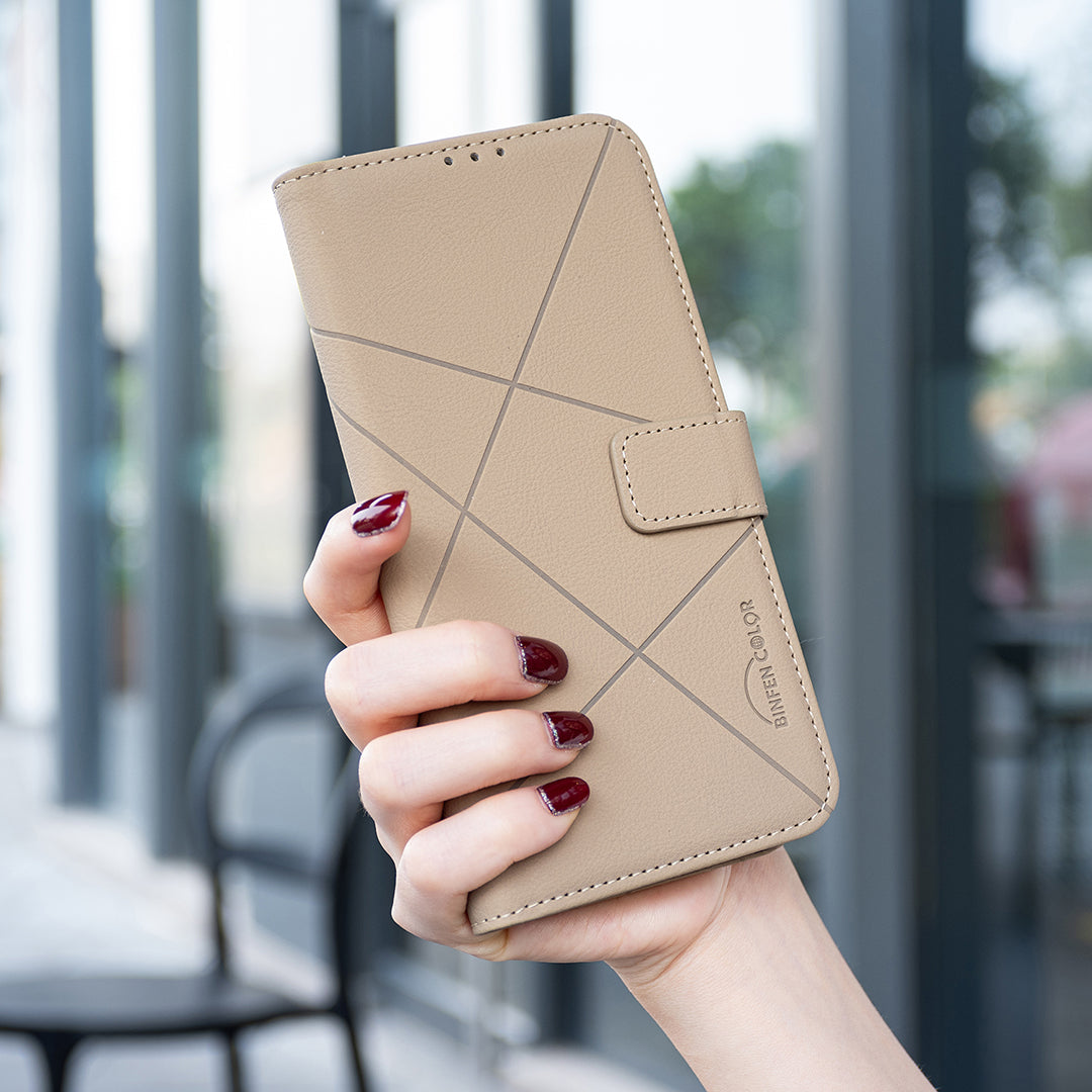 For Xiaomi Redmi Note 15 Pro 5G (Global) Case BINFEN COLOR BF35 Geometry Imprinted Leather Phone Cover RFID Blocking Wallet Stand - Beige