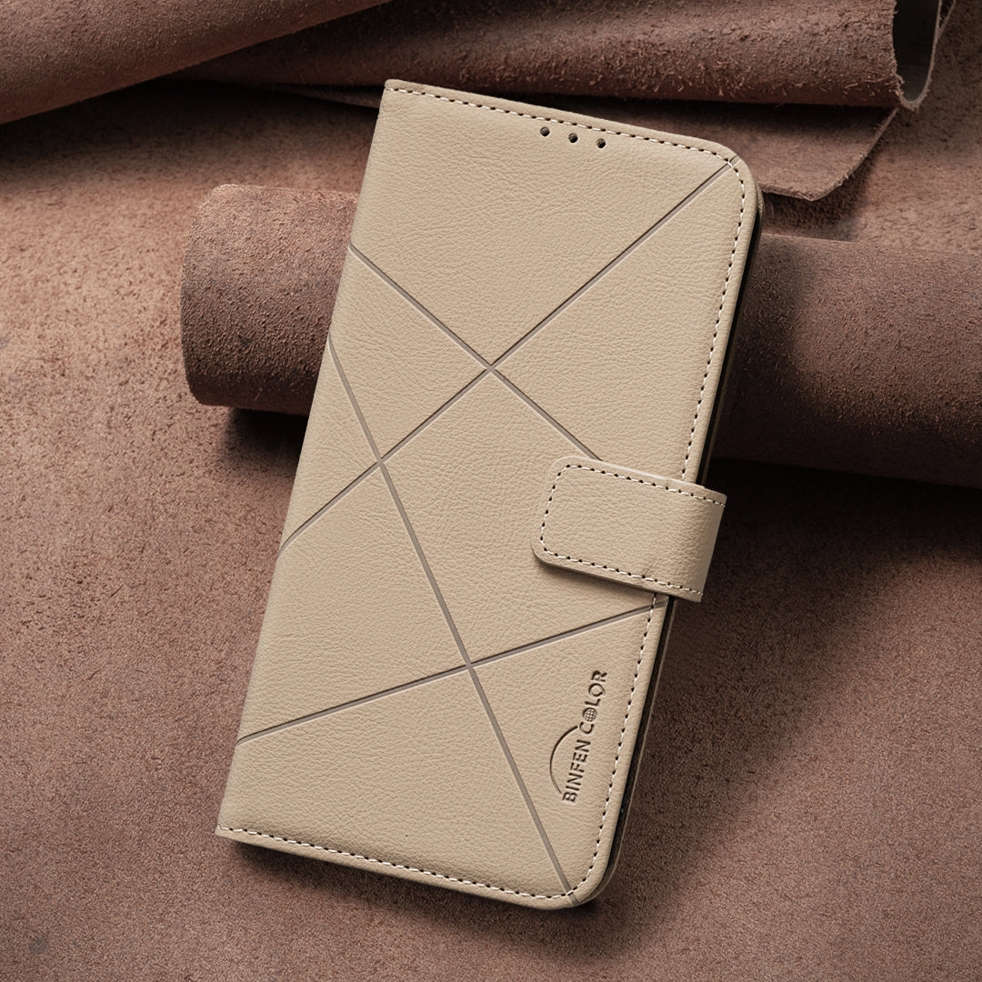 For Xiaomi Redmi Note 15 Pro 5G (Global) Case BINFEN COLOR BF35 Geometry Imprinted Leather Phone Cover RFID Blocking Wallet Stand - Beige