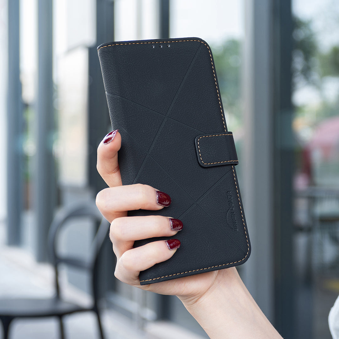 For Xiaomi Poco M8 Pro 5G / Redmi Note 15 Pro+ 5G (Global) Case BINFEN COLOR BF35 Geometry Imprinted Leather Phone Cover RFID Blocking Wallet Stand - Black