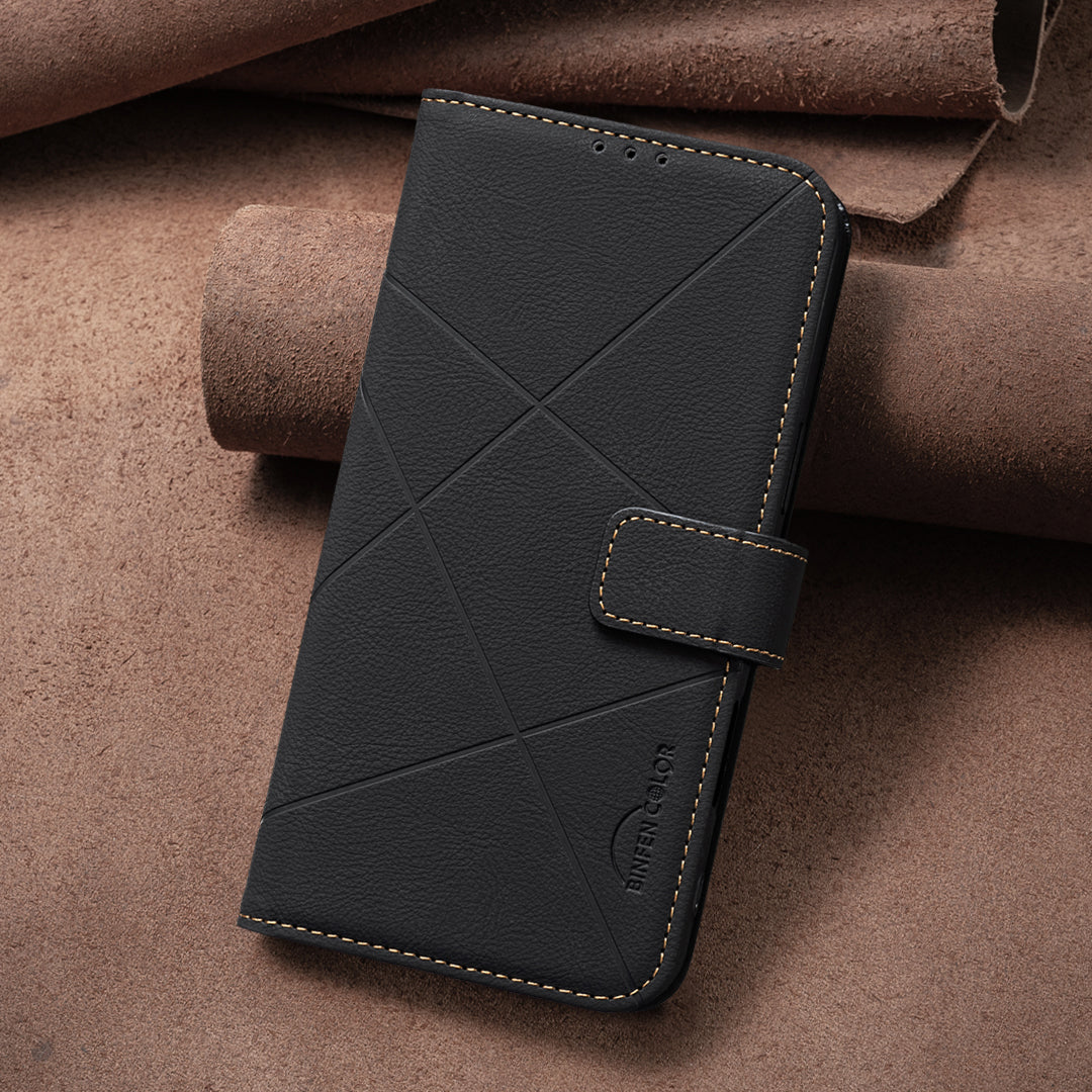 For Xiaomi Poco M8 Pro 5G / Redmi Note 15 Pro+ 5G (Global) Case BINFEN COLOR BF35 Geometry Imprinted Leather Phone Cover RFID Blocking Wallet Stand - Black