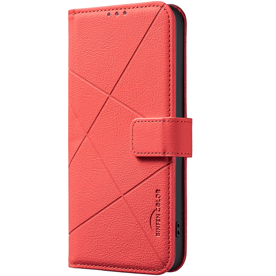 For Xiaomi Poco M8 Pro 5G / Redmi Note 15 Pro+ 5G (Global) Case BINFEN COLOR BF35 Geometry Imprinted Leather Phone Cover RFID Blocking Wallet Stand - Red
