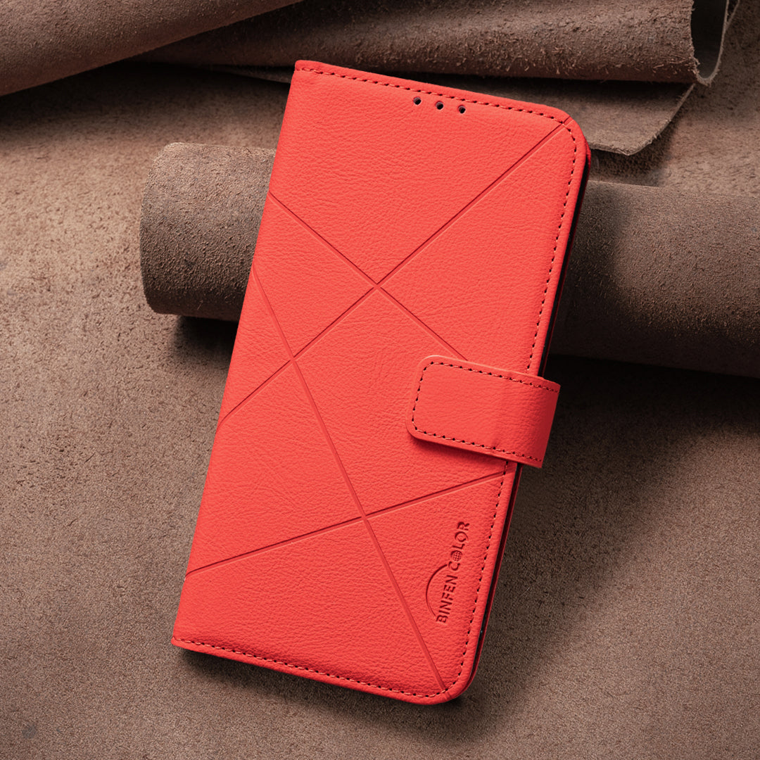 For Xiaomi Poco M8 Pro 5G / Redmi Note 15 Pro+ 5G (Global) Case BINFEN COLOR BF35 Geometry Imprinted Leather Phone Cover RFID Blocking Wallet Stand - Red