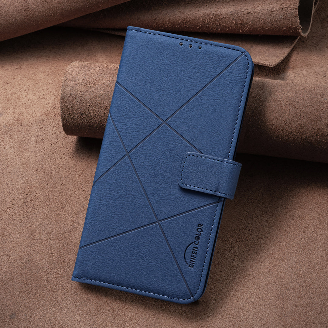 For Xiaomi Poco M8 Pro 5G / Redmi Note 15 Pro+ 5G (Global) Case BINFEN COLOR BF35 Geometry Imprinted Leather Phone Cover RFID Blocking Wallet Stand - Blue