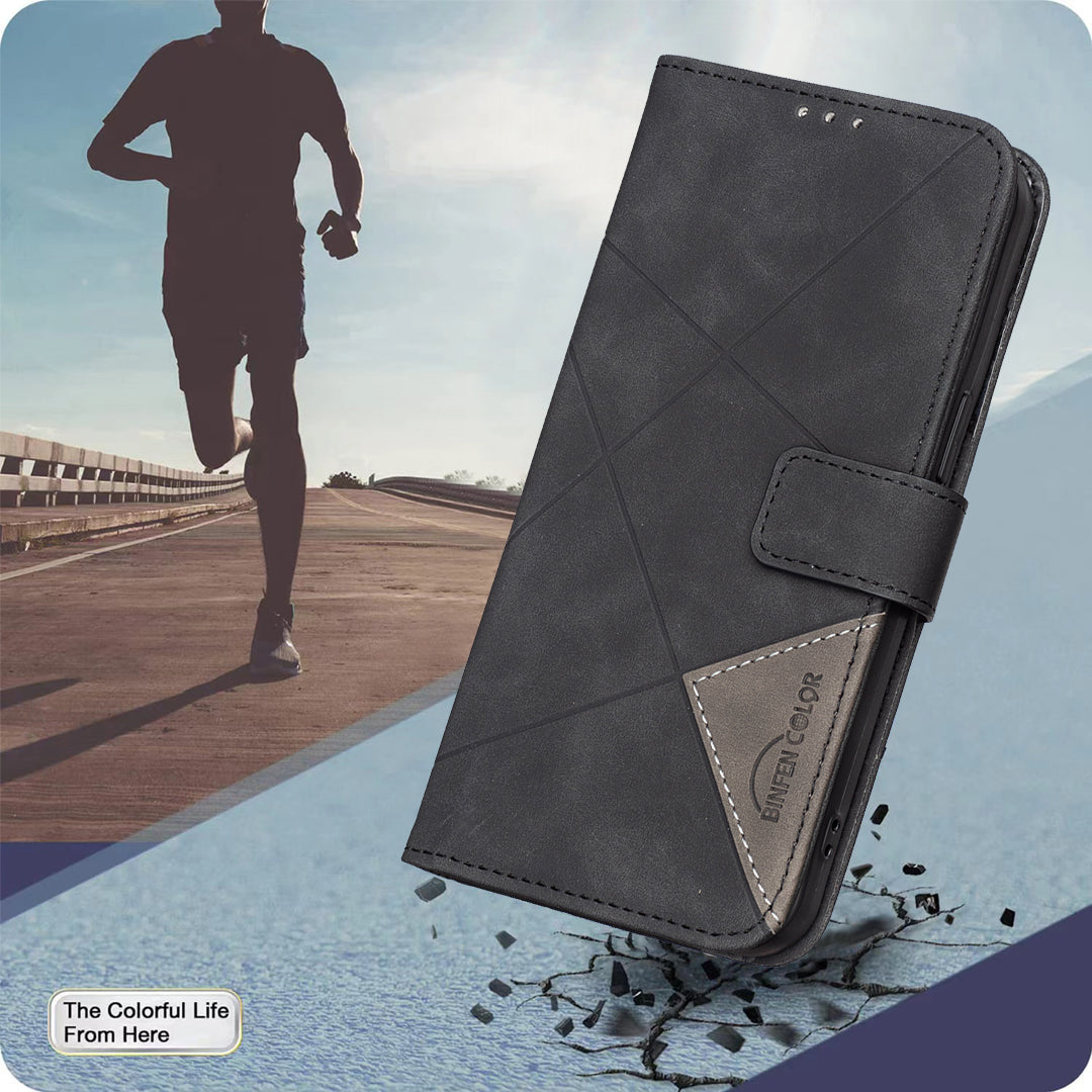For Xiaomi Poco M8 Pro 5G / Redmi Note 15 Pro+ 5G (Global) Phone Case BINFEN COLOR Wallet Stand Geometry Imprinted Leather Cover - Black