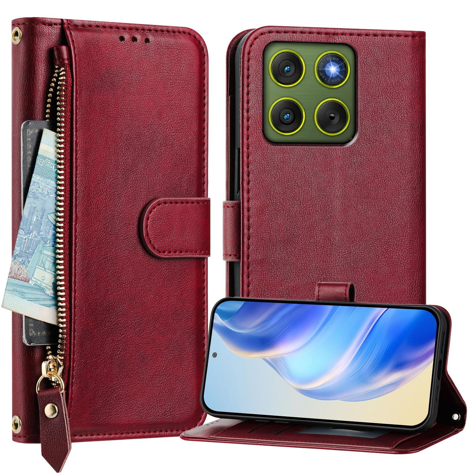 For Motorola Edge 70 5G Case Zipper Pocket Multiple Card Slots Leather Phone Cover - Red