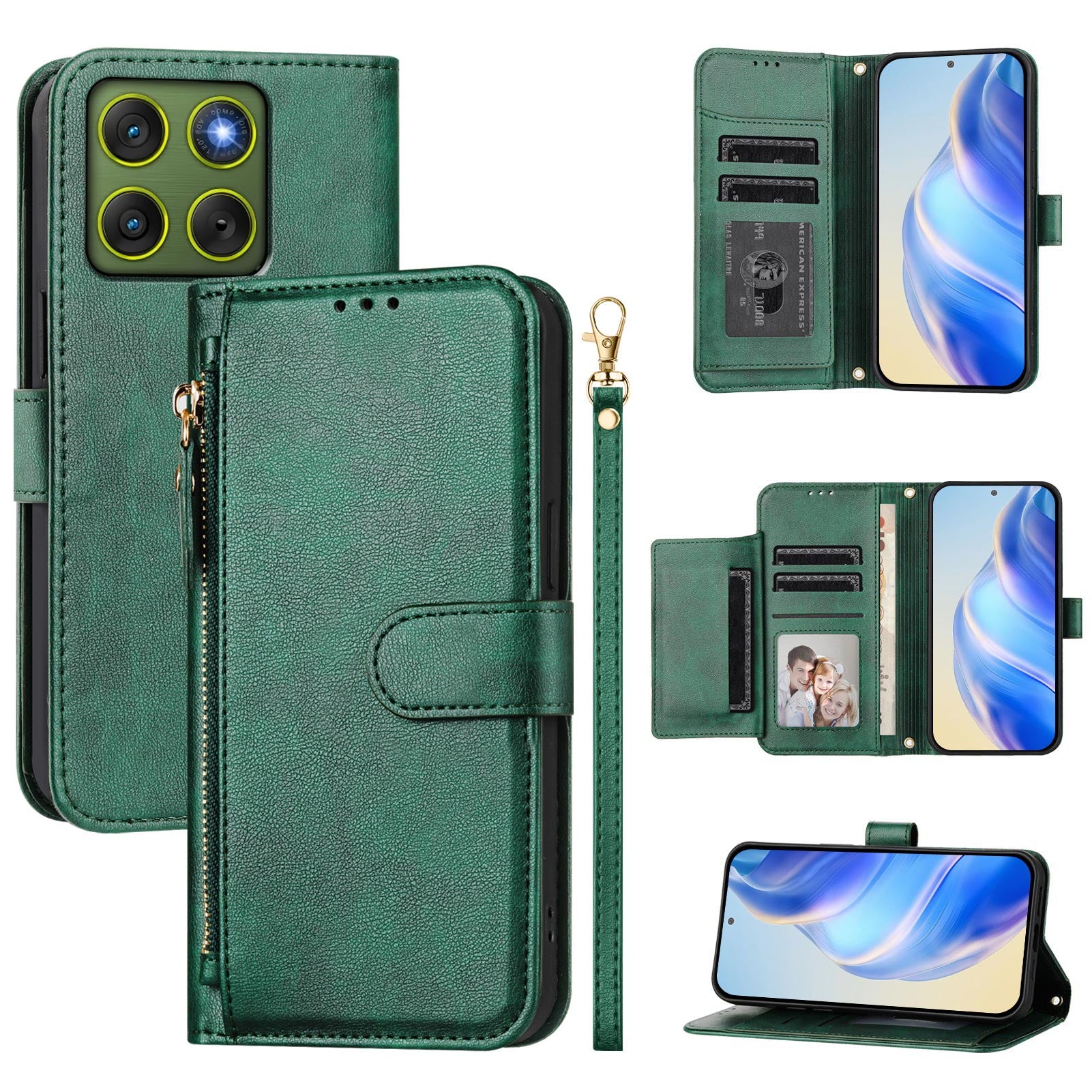 For Motorola Edge 70 5G Case Zipper Pocket Multiple Card Slots Leather Phone Cover - Green